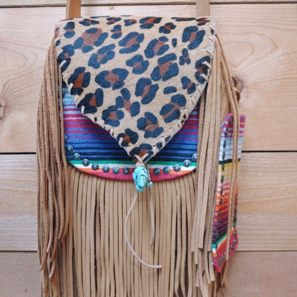 Serape and Leopard Fringe Boho Crossbody Purse